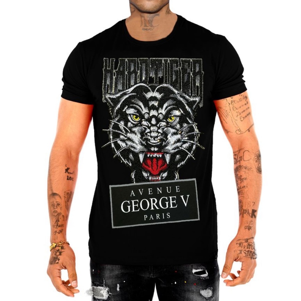 George V Black Tiger Graphic T-Shirt Men Diamond Rhinestones